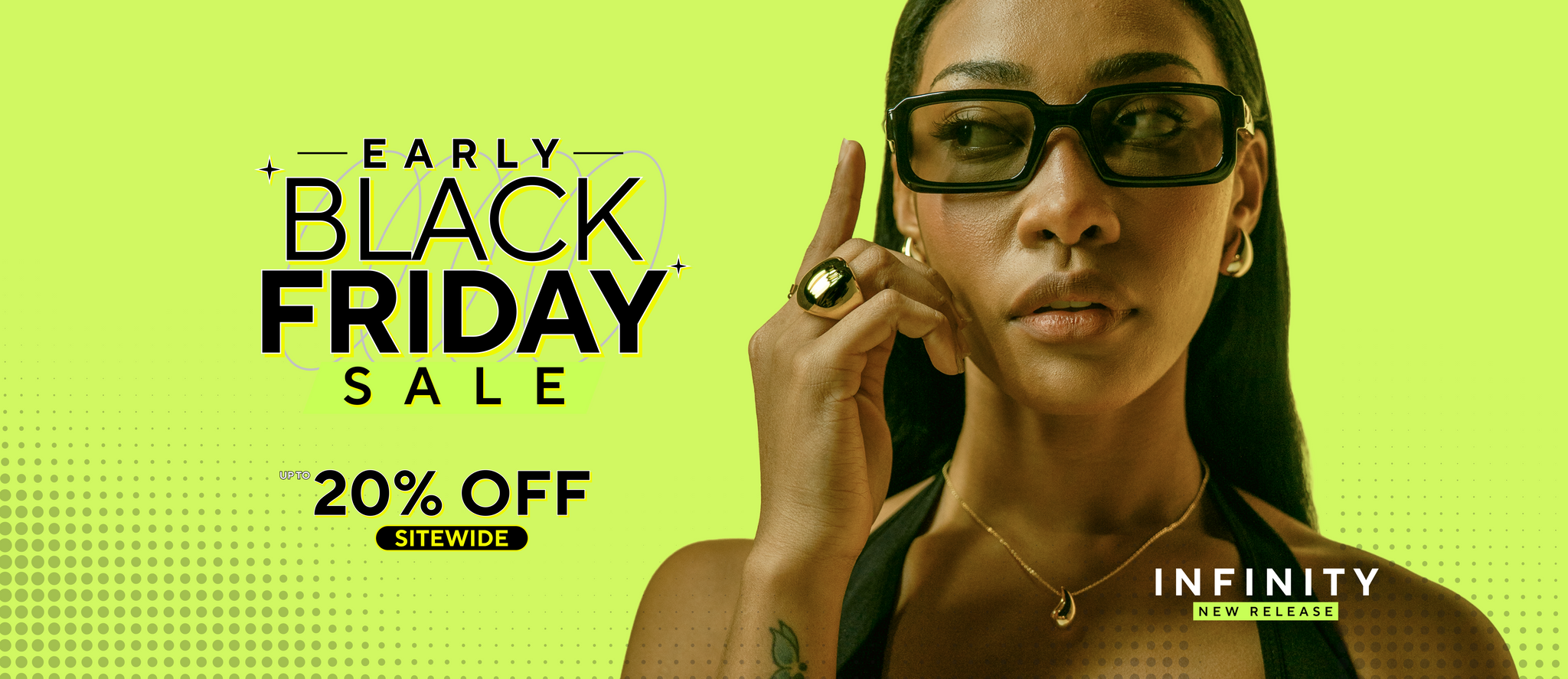 Promotional banner for Early Black Friday Sale with a woman on a green background
